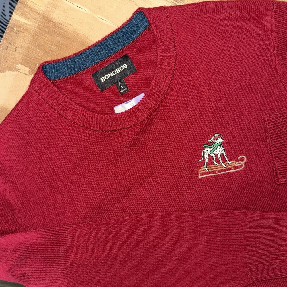 Bonobos Sledding Dog Sweater Red Merino Wool Crew Neck Large New